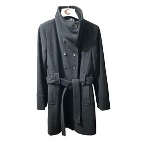 Jones‎ New York Longline Belted Pea Coat sz 6 Black Wool Blend Winter Cozy Chic